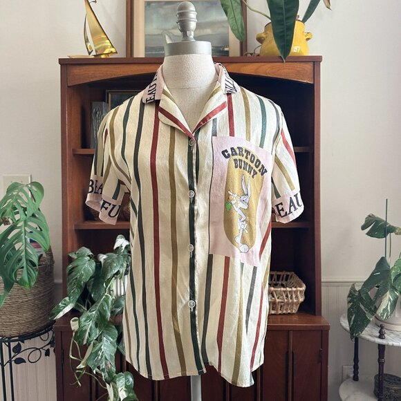 Striped Cartoon Bunny Shirt, Bugs Bunny Graphic, Retro Unisex Button Down - Picture 1 of 10